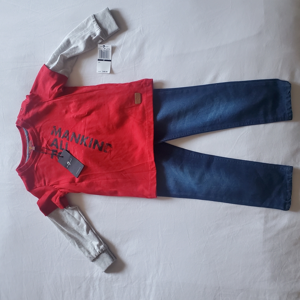 Boys 7 For All Mankind Sleeve Shirt with Blue Jeans